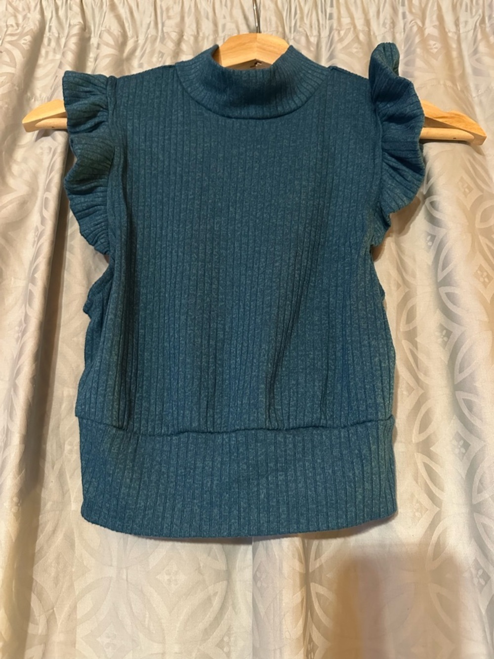 Free People Ribbed Cropped Flutter Sleeve Tank Top Blue Green Size Small EEUC!